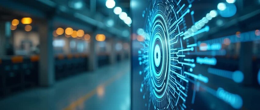 Futuristic digital interface with glowing ERP icon rotates slowly; camera gently pans across the high-tech circuit design, creating a cinematic, dynamic business technology scene.