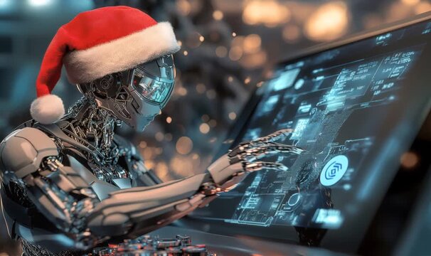 Cyborg wearing santa hat operating digital interface, showing holiday technology and artificial intelligence development
