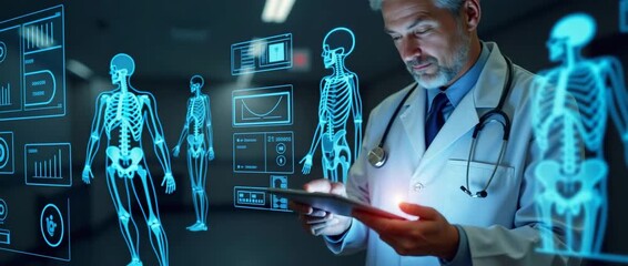Doctor examines digital tablet in futuristic hospital, holographic medical data displays animate, camera pans slowly, cinematic style for healthcare innovation visuals. - Powered by Adobe