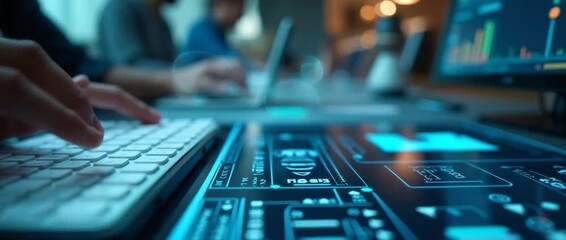 Hands typing on a futuristic digital interface, with a slow pan capturing ambient screen glow and dynamic graphs, in a cinematic high-tech office environment. - Powered by Adobe