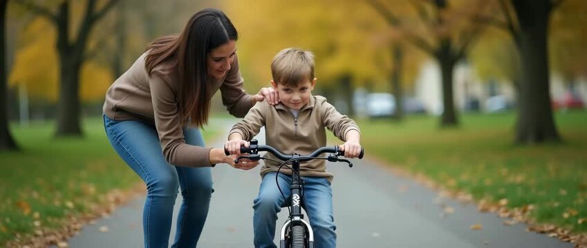Mother guides child learning to ride bicycle in autumn park, camera gently tracking forward as leaves sway and sunlight filters through trees, cinematic and heartwarming scene.