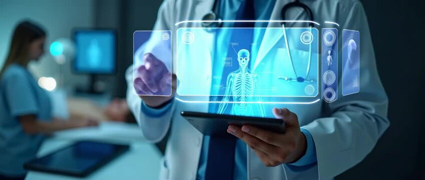 Doctor examines digital holographic skeleton on tablet in modern clinic, with subtle camera pan and ambient lights flickering, showcasing futuristic healthcare technology.