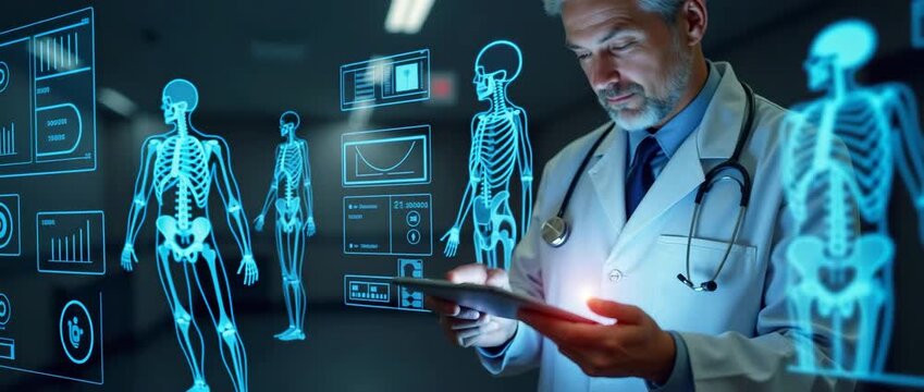 Doctor examines digital tablet in futuristic hospital, holographic medical data displays animate, camera pans slowly, cinematic style for healthcare innovation visuals.