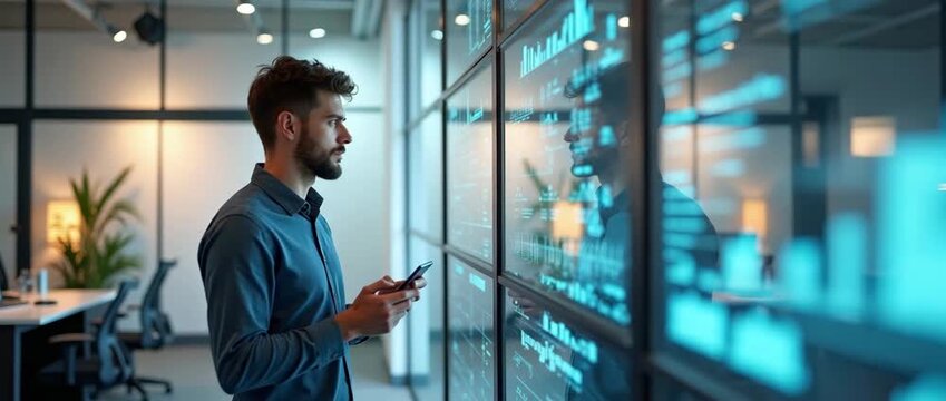 Focused businessman analyzes digital statistics on futuristic transparent display; camera smoothly tracks sideways, ambient office lights gently flicker; cinematic, modern workspace.