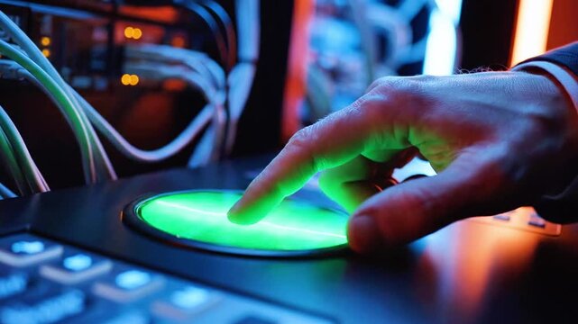 A hand presses a glowing circular pad on a DJ controller amid neon cables and server racks, with LED