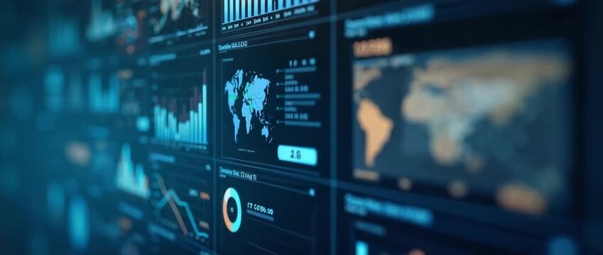 Digital data dashboards animate in a sleek, cinematic style, with charts dynamically updating; camera slowly pans across the vibrant interface, highlighting global analytics trends.