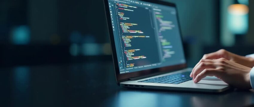 Hands typing on a laptop keyboard in a dimly lit office, with colorful code on the screen; camera slowly pans, capturing the focused programming process in a cinematic, tech-driven atmosphere.