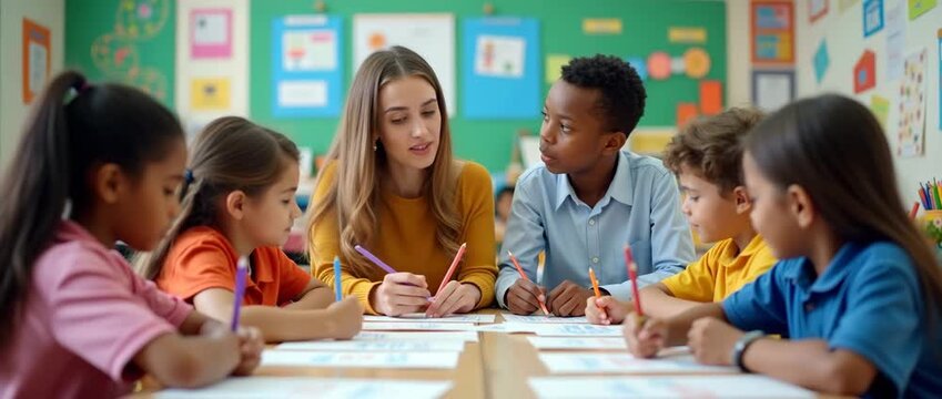 Teacher guides diverse students in a collaborative learning environment, camera gently pans across the colorful classroom, capturing engaged expressions, educational, cinematic.