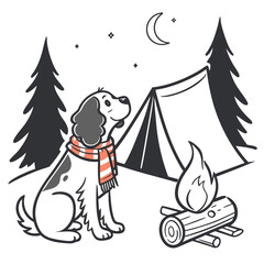 An adorable American Water Spaniel with a Surprised vibe, with a scarf, and a Campfire Glow Camping trip theme – SVG style