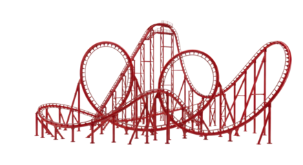 Highly detailed, glossy red roller coaster track with inverse loop and steep drops, rendered empty against a transparent background with ample copy space. Concept of intense market volatility