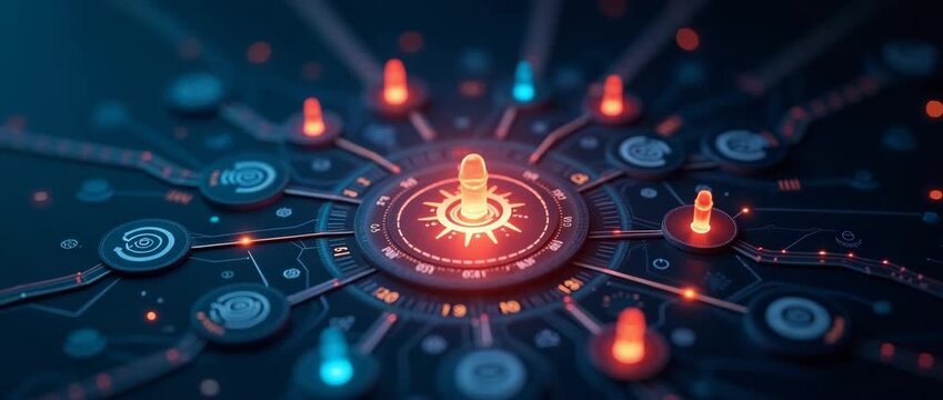 Futuristic circuit board lights flicker softly as the camera slowly pans across a glowing digital landscape, showcasing cutting-edge technology in a cinematic, high-tech style.