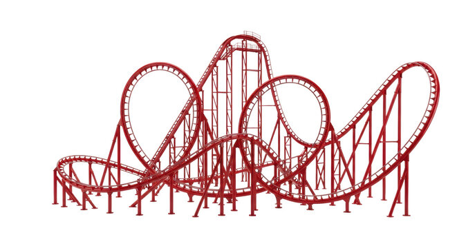 Highly detailed, glossy red roller coaster track with inverse loop and steep drops, rendered empty against a transparent background with ample copy space. Concept of intense market volatility