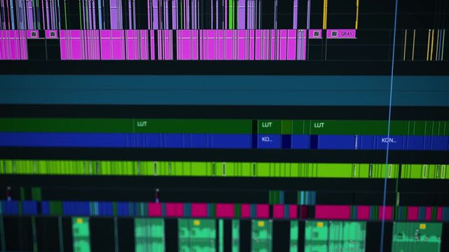 Close-up view of a cinematic video editing timeline interface with multitrack audio and video layers in professional post-production software for filmmaking and content creation