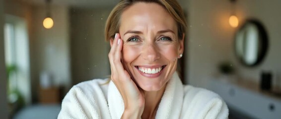 Smiling woman in a cozy robe enjoys a serene morning at home, as the camera gently pans to capture soft ambient light flickering through the window, creating a warm, cinematic feel.