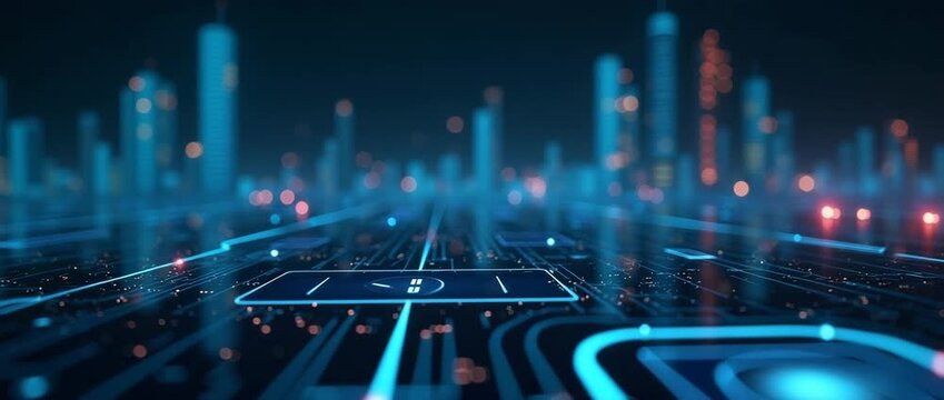 Futuristic circuit board cityscape with glowing digital pathways and ambient lights flickering, captured in a cinematic slow pan, ideal for technology-themed presentations and innovation showcases.
