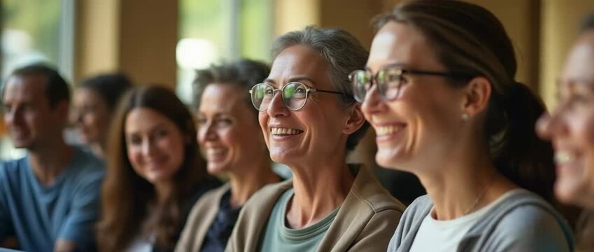 Diverse group of professionals engaged in lively discussion with warm smiles, camera slowly panning across, ambient light flickers softly, cinematic and inviting scene perfect for corporate storytelli
