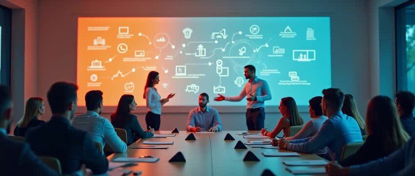 Dynamic business meeting unfolds as team members engage in a strategic discussion; camera gently pans across the conference room with ambient light flicker, creating a cinematic atmosphere.