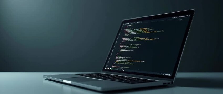 Sleek laptop screen glows with vibrant code as camera slowly pans, capturing the dynamic essence of modern programming in a cinematic style, ideal for technology-focused content.