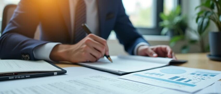 Business professional writing notes in a sunlit office, slow pan across desk with documents and graphs, ambient light flickering creating a cinematic, focused workspace atmosphere.