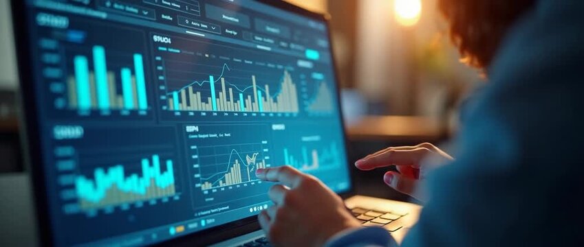 Dynamic financial analysis unfolds on a laptop screen as hands deftly navigate data visualizations; the camera slowly pans, capturing the vibrant, cinematic atmosphere of a modern workspace.