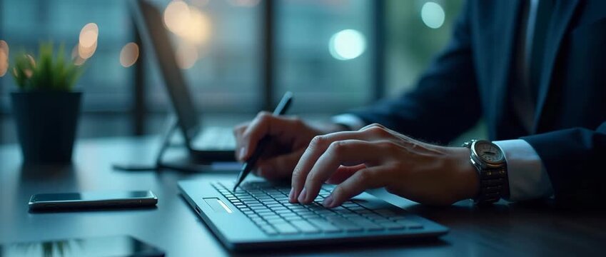 Businessman typing on a sleek laptop in a modern office, with ambient city lights flickering outside; camera gently pans across the scene in a cinematic style.