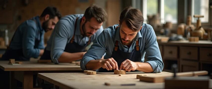 Artisan craftsman meticulously carves wood in a sunlit workshop; camera pans slowly as gentle light flickers, showcasing craftsmanship, woodworking, and creative focus in a cinematic style.