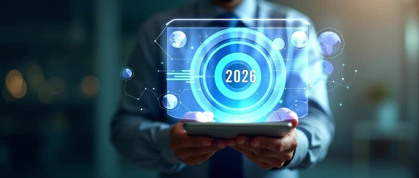 Businessman holds futuristic tablet with digital hologram displaying 2026, as ambient lights flicker and camera slowly pans in cinematic style, highlighting innovation and technology.