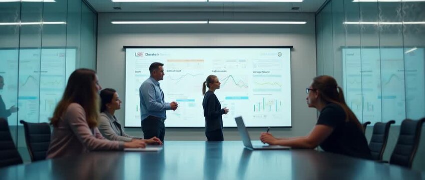Team presentation in a modern conference room with professionals discussing data on a large screen; camera slowly pans across, capturing engaged expressions in a cinematic, corporate style.
