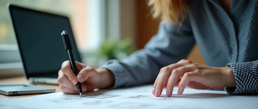 Designer sketching creative ideas at a desk, camera gently panning across a sunlit workspace with ambient light flickering, in a realistic and inspiring office scene.