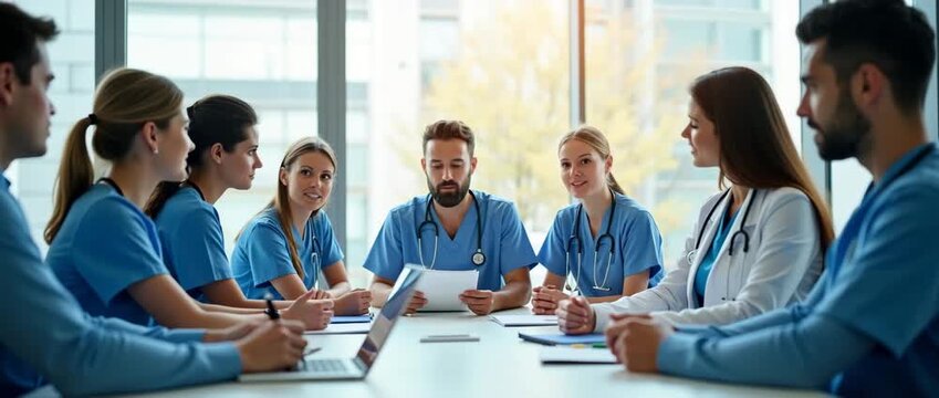 Medical team collaborates in a modern office, engaged in discussion; steady camera tracks across the room, capturing dynamic teamwork and professional interaction, with light gently illuminating the s