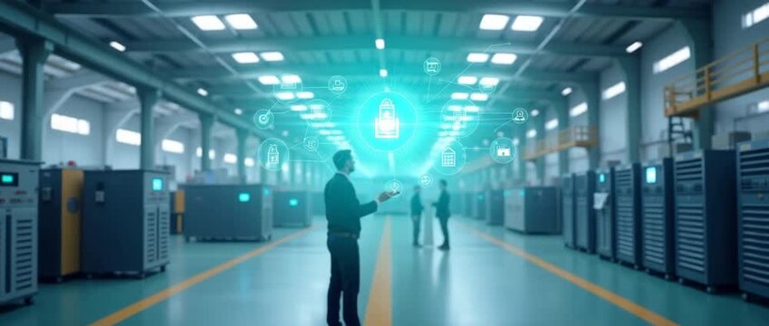 Futuristic warehouse operations with a technician gesturing towards digital icons, while the camera smoothly tracks through the industrial setting, showcasing advanced technology in cinematic style.