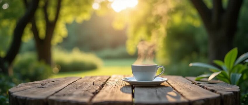 Steaming coffee cup on rustic wooden table in sunlit garden, with gentle breeze swaying leaves, captured in cinematic slow pan for tranquil morning ambiance video.