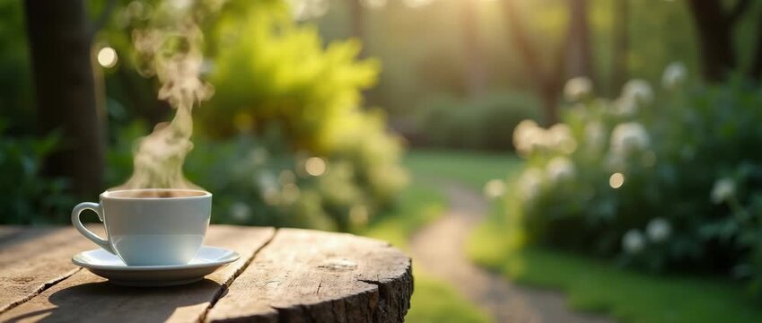 Steaming coffee cup on a rustic table in a serene garden, steam gently rising, as the camera slowly pans, capturing the tranquil morning light in a cinematic, peaceful ambiance.