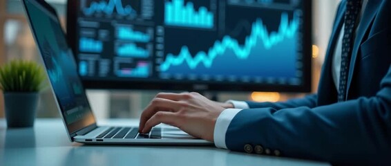 Business professional typing on laptop with floating digital icons, steady tracking camera reveals glowing data analytics on desk, cinematic style. - Powered by Adobe