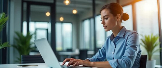 Focused businesswoman types on laptop in modern office; camera steadily tracks right, ambient light flickers subtly, creating a professional cinematic atmosphere. - Powered by Adobe