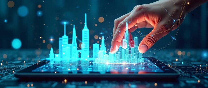 Hand interacts with digital cityscape emerging from tablet, as camera slowly pans; ambient lights flicker in a futuristic, cinematic style, highlighting innovation and technology.