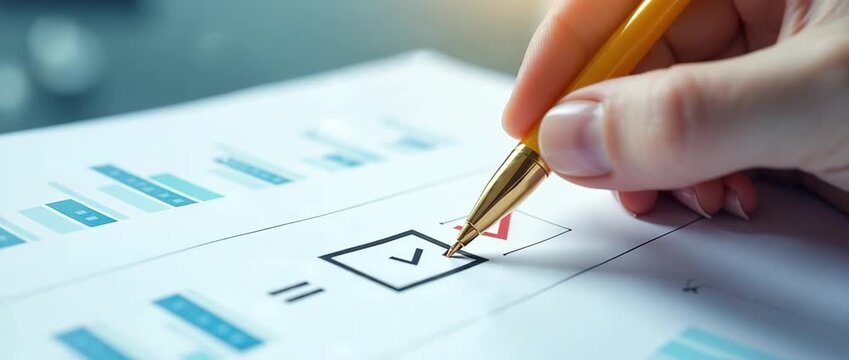 Hand checks box on data chart with smooth cinematic pan, highlighting precision and analysis in a modern office environment with subtle ambient light flicker.