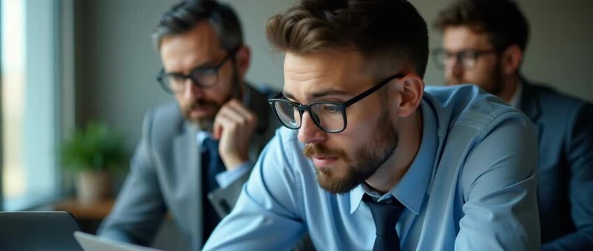 Focused business professionals analyze data on laptops, with a slow pan through the modern office; cinematic lighting enhances the serious, collaborative atmosphere.