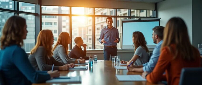 Business presentation in a modern office, speaker engages attentive team, camera slowly pans across room, ambient light flickers through large windows, cinematic style.
