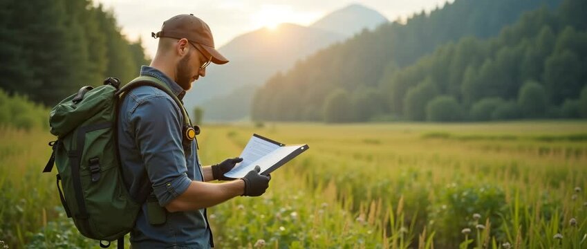 A man with a hiking backpack pauses in a sunlit meadow to review a map, while the camera slowly pans across the serene landscape, capturing the essence of outdoor exploration in a cinematic style.