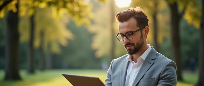 Business professional using digital tablet in serene park, with gentle breeze swaying leaves, slow camera pan capturing tranquil atmosphere, cinematic style.