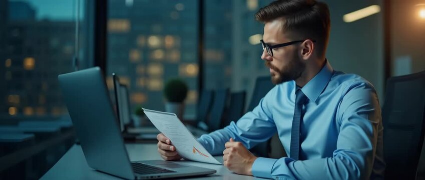 Business professional analyzes financial data on a digital tablet; camera pans slowly as interactive charts and graphs animate dynamically in a futuristic, cinematic setting.