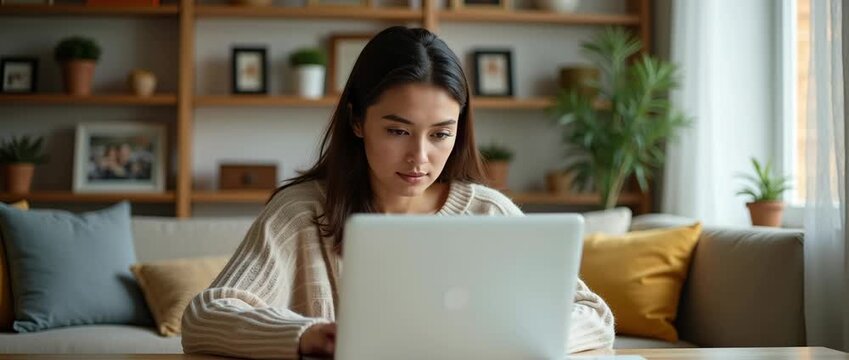 Focused woman working on laptop in cozy home office as gentle sunlight filters through window; camera slowly pans to reveal serene, organized space; cinematic style.