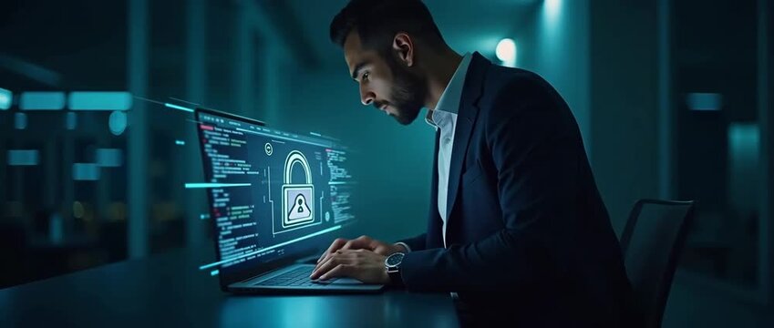 Professional in a dark office typing on a laptop with cybersecurity graphics; cinematic style with ambient light flickering and a slow camera pan, ideal for technology and innovation themes.