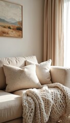 Fototapeta premium Cozy sofa with plush pillows and chunky knit blanket in softly lit living room. Neutral tones create serene ambiance, perfect for relaxation. Landscape painting adds artistic touch to interior.