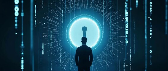 Silhouette of a businessperson approaches glowing digital portal with dynamic data streams, camera slowly tracks forward, creating a cinematic, futuristic technology scene. - Powered by Adobe