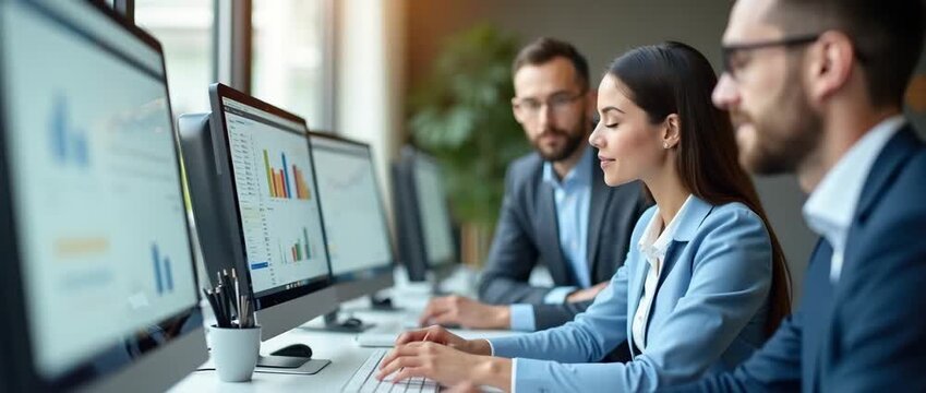 Business professionals analyze data on computers in a modern office, with gentle ambient light flicker and a slow tracking camera move, creating a dynamic and cinematic atmosphere.