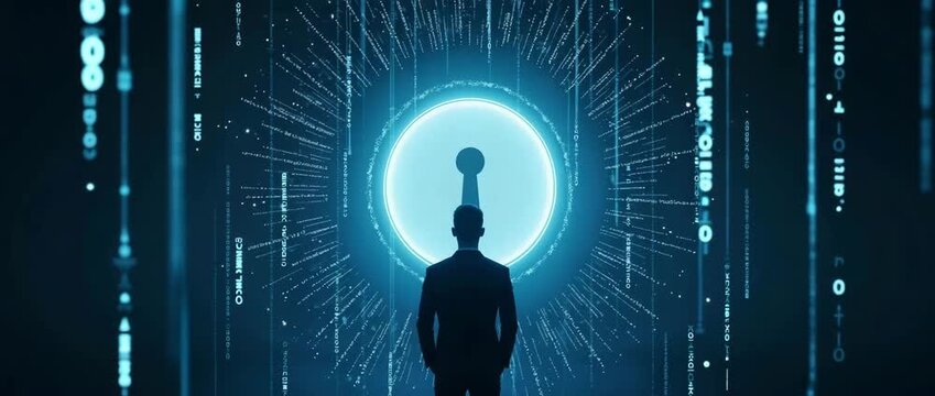 Silhouette of a businessperson approaches glowing digital portal with dynamic data streams, camera slowly tracks forward, creating a cinematic, futuristic technology scene.