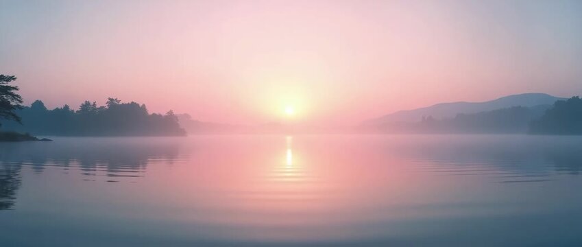 Serene sunrise over a tranquil lake with gentle ripples, captured with a slow pan, enveloped in a cinematic pink and orange haze, evoking peace and reflection in nature's calm.
