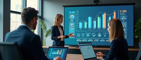 Business presentation in modern conference room, team members engaged with data charts, slow camera pan, graphs animate smoothly, cinematic and professional atmosphere. - Powered by Adobe